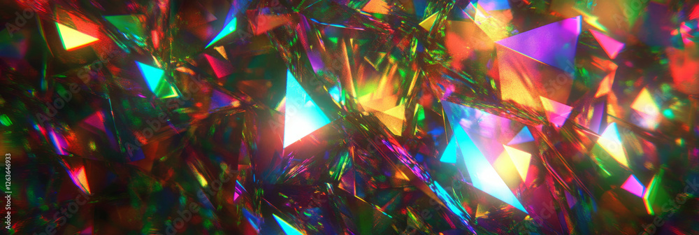 Poster exploring the vibrant interplay of faceted bokeh shapes with sparkling reflections