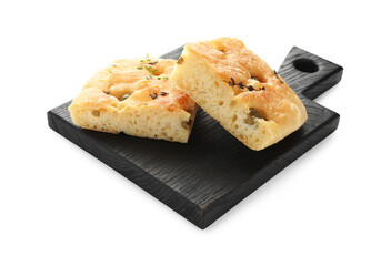 Pieces of delicious focaccia bread with olives and thyme isolated on white