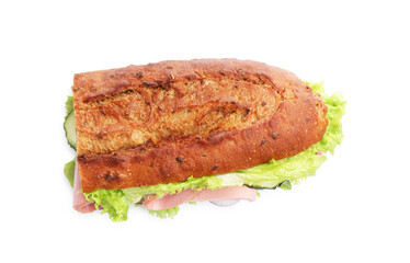 Baguette sandwich with ham isolated on white, top view
