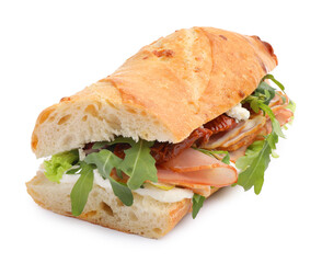 Baguette sandwich with ham and sun dried tomatoes isolated on white