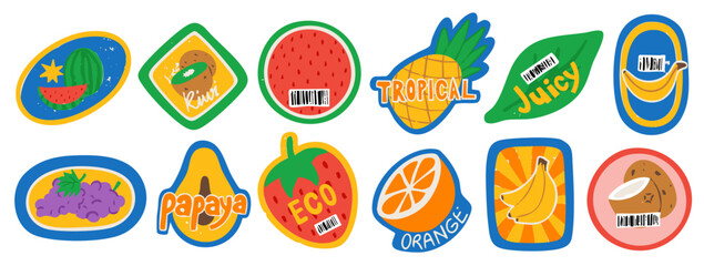 Collection of textured fruit stickers with tropical and organic fruits like bananas, pineapples, strawberries, and oranges. Paper Stickers. Eco, vegetarian, healthy tag. Isolated on white background.