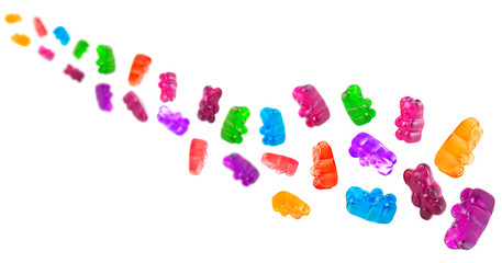 Jelly candies - flying colorful jelly bears isolated on a white background. Marmalade bears.