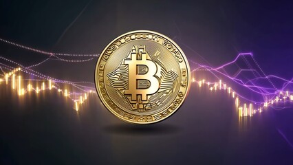 Golden bitcoin spinning, revealing financial chart transitioning from grey to purple, representing cryptocurrency market growth and digital investment transformation