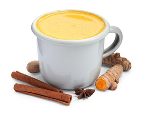 Tasty turmeric latte in cup and spices isolated on white