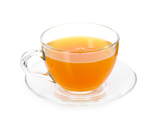 Aromatic turmeric tea in glass cup isolated on white
