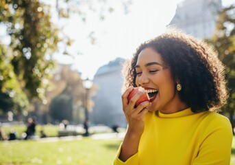 Fototapeta premium Woman enjoying a fresh apple in a sunny park setting
