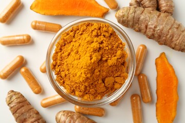 Turmeric capsules, powder and roots on white background, flat lay