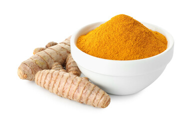 Turmeric powder in bowl and roots isolated on white