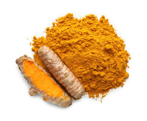 Pile of turmeric powder and roots isolated on white, top view