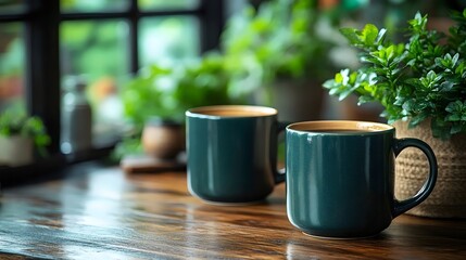 Two green coffee mugs sit on a wooden table next to a potted plant