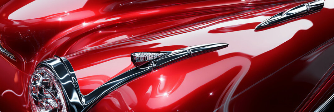 Shiny red classic car with chrome details reflecting light in a polished finish