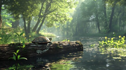 Turtle Sunbathing on a Log in a Calm Forest Stream