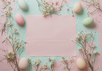 A soothing display of pastel Easter eggs surrounded by delicate flowers, creating a peaceful ambiance that symbolizes renewal and the beauty of spring celebrations.
