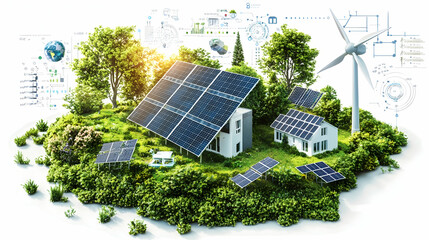 Sustainable homes powered by solar energy and wind turbines on a green island, showcasing clean energy technology amidst environmental diagrams