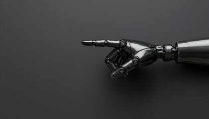 Fototapeta premium Artificial intelligence. Robot hand pointing at something on a gray background, space for text