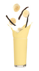 Banana vanilla milkshake, pods and pieces of fresh fruit on white background
