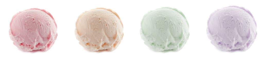 Tasty ice-cream, scoops of different flavors on white background, set