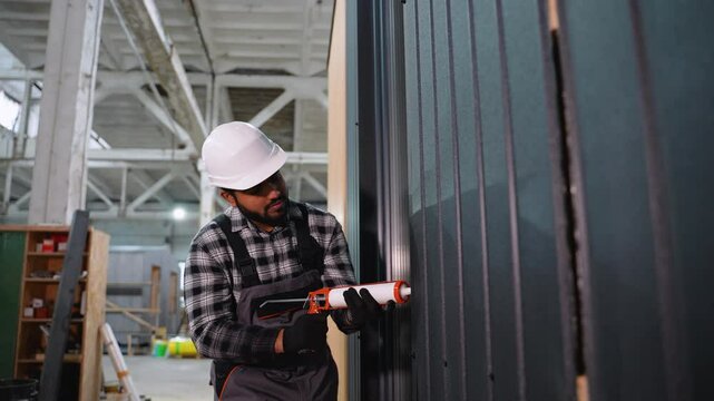 Indian construction worker sealing modular home window frame