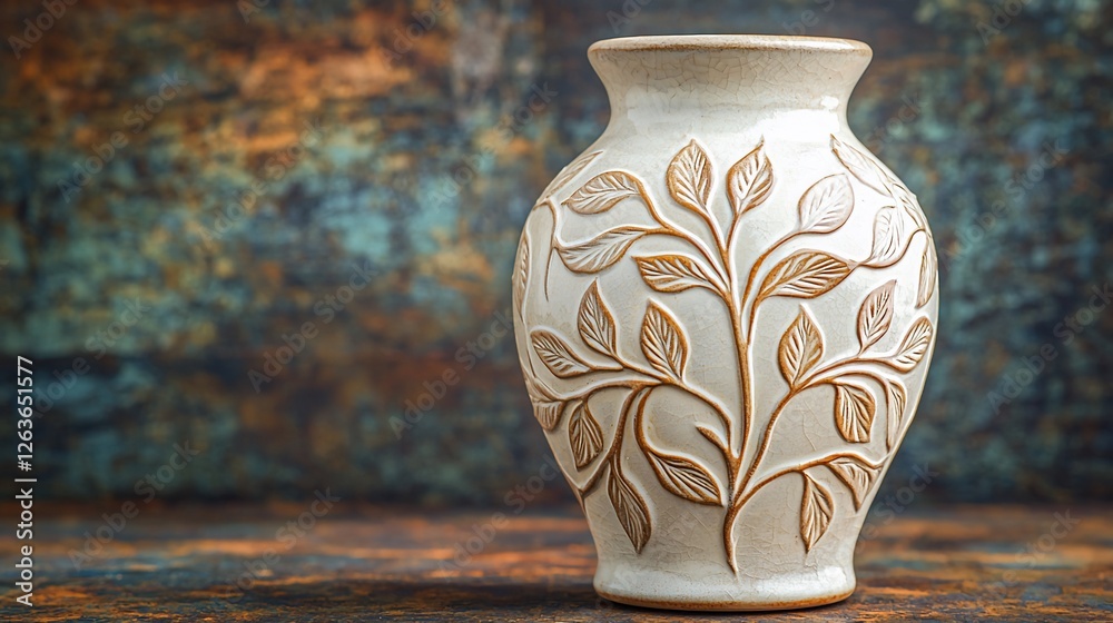 Poster Ornate ceramic vase, leaf design, rustic background, home decor