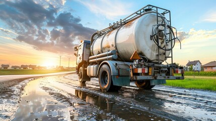 Suction truck empties septic tank in rural area, ensuring efficient sewage maintenance for homes