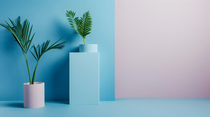 Modern minimalist interior with pastel-colored vases and tropical plants against a soft backdrop