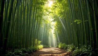 Obraz premium Sunlit Path Through Lush Bamboo Forest