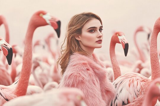 Woman surrounded by pink flamingos, showcasing beauty and elegance