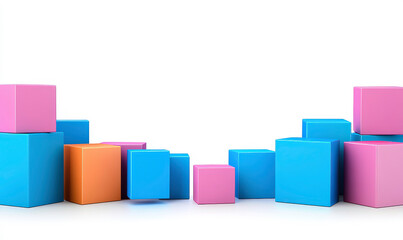 Colorful geometric building blocks in vibrant shades of pink, blue, and orange arranged artistically on a white background for creative projects