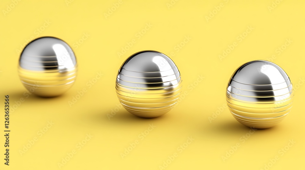 Wall mural Three metallic balls on a yellow surface