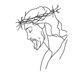 Jesus Christ with crown of thorns in one line drawing style