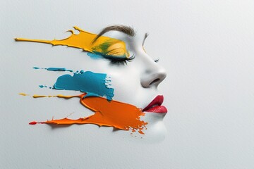 Artistic female portrait featuring vibrant orange and blue paint on a white canvas background, showcasing creativity and expression. Explosive Color Portrait, Vibrant Artistic Vision