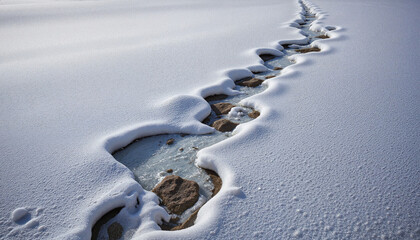 Footprints leading through a snowy mountain trail, showcasing winter wilderness and serenity