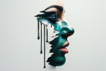 A female model with striking turquoise face paint dripping elegantly, creating an abstract and artistic visual effect. Explosive Color Portrait, Vibrant Artistic Vision