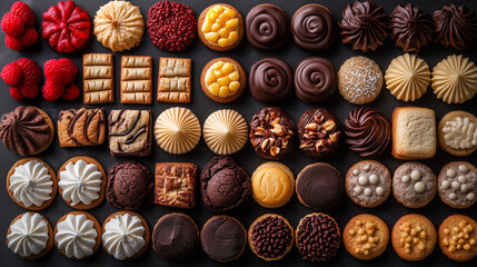 Fototapeta premium A beautifully arranged selection of gourmet cookies, biscuits, and pastries with various flavors and textures.