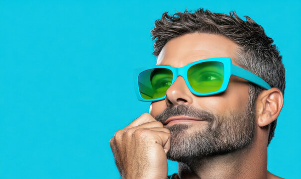 Handsome man with stylish sunglasses looking thoughtfully against a bright blue background, radiating confidence and charm in a fashion-forward pose