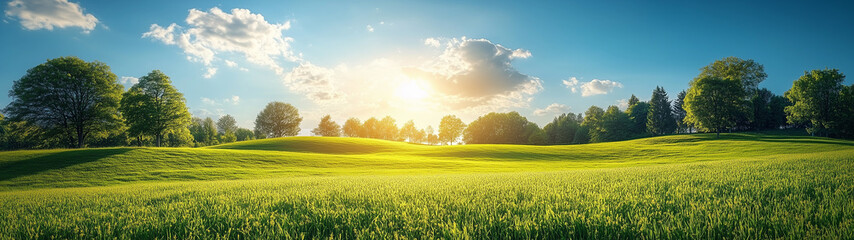 A peaceful green meadow with rolling hills, trees, and bright sunlight on a beautiful summer day.