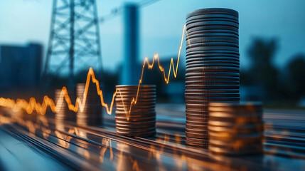  A rising stack of coins with an energy chart overlay, symbolizing the increasing cost of electricity and financial growth.
