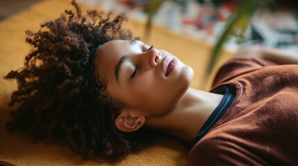 Teen lying on a yoga mat, eyes closed, listening to calming music, soft indoor light, mindfulness relaxation theme