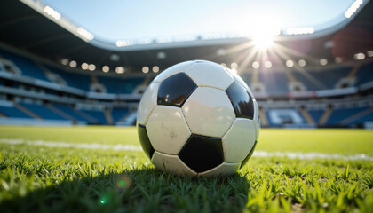 Soccer ball on green grass in a stadium with sunlight
