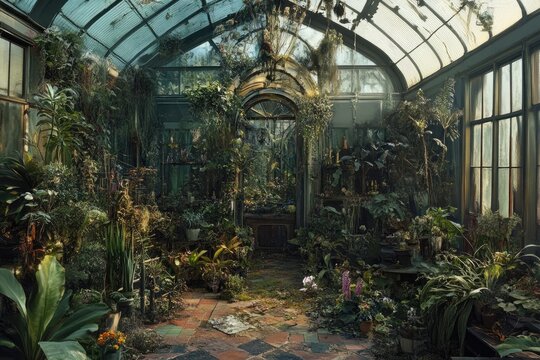 A greenhouse overflowing with mismatched, chaotically growing plants