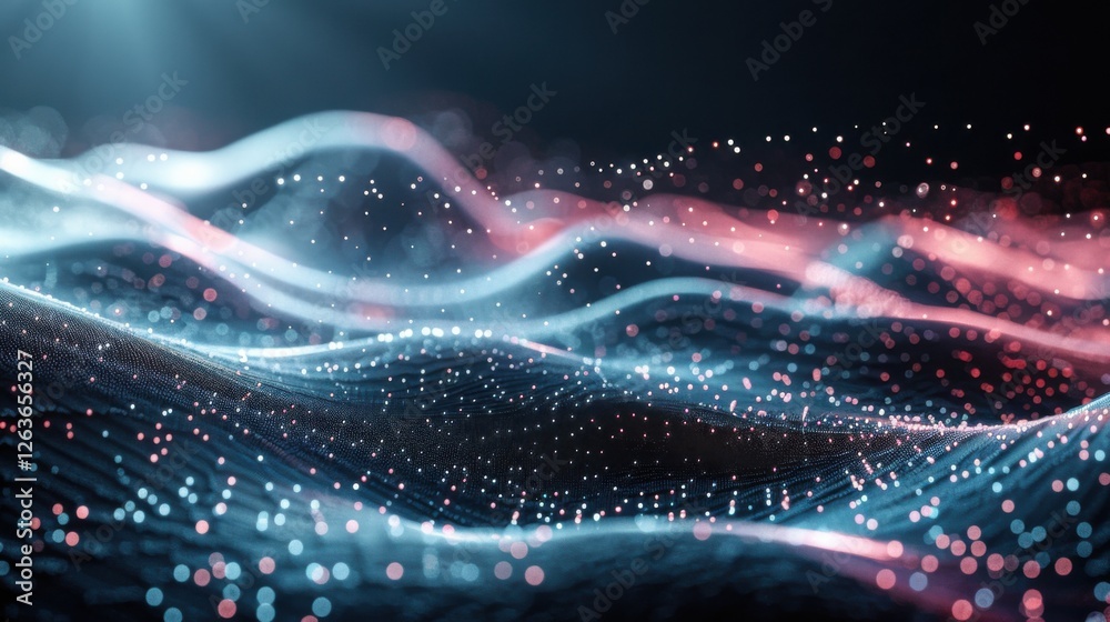 Fototapete flowing particle wave, abstract tech design, hi-tech big data background for business cards, banners