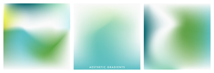 Light blue and green gradient background. Abstract light fresh sky texture. Relax. Wave gradation pattern. Aesthetic bg. Set of 3 square vector gradient background for poster, cover, social post © Mariia