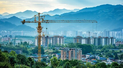 Obraz premium Modern skyscraper construction featuring a crane amidst an urban cityscape landscape
