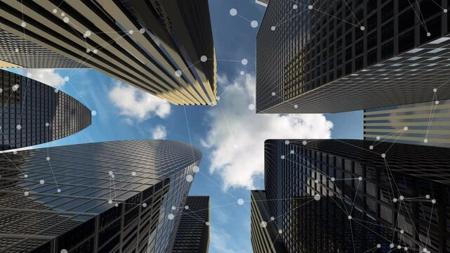 Skyscrapers from below with animated lines representing business networking