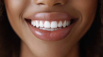 A close-up of a smiling person showing perfect white teeth and healthy gums