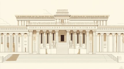 Obraz premium Ancient building facade, beige, ornate architecture, historical landmark, illustration
