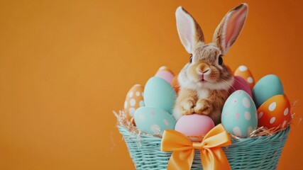 a wicker basket with colorful eggs and a rabbit in it on a clear orange background with copy space