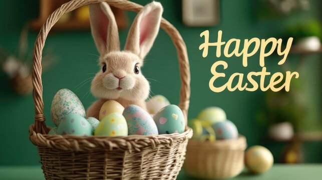 Easter greeting card with rabbit, basket and eggs