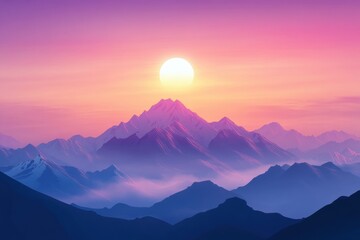 Majestic sunset over snow capped mountains with vibrant colors illuminating the sky. Generative AI