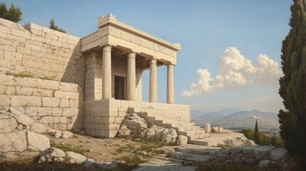 Fototapeta premium Ancient Greek temple, hilltop view, sunny day, distant mountains